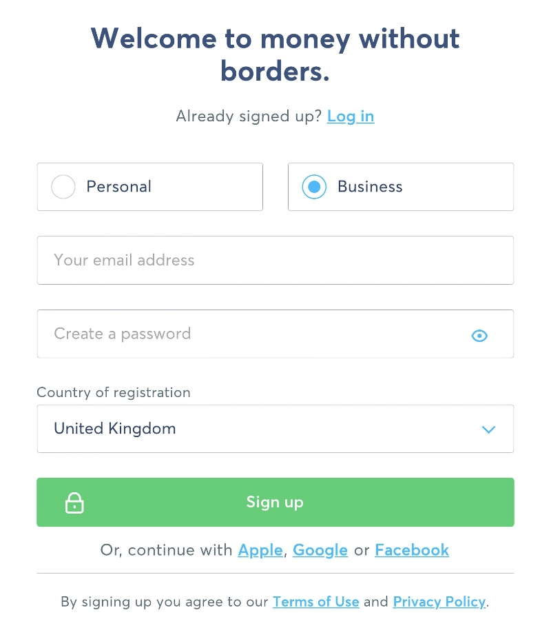 Wise Business sign-up form Wise Business sign-up