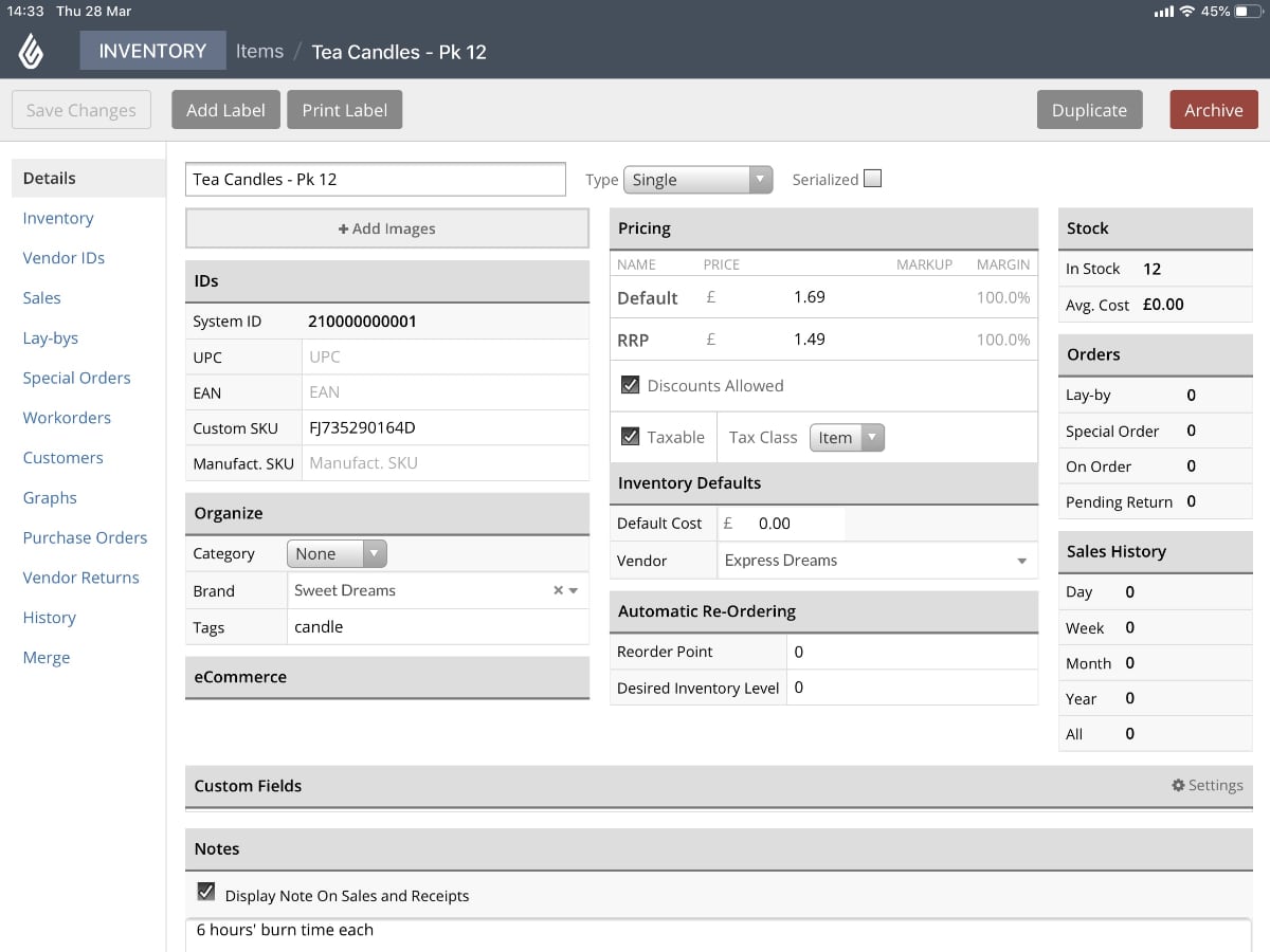 Lightspeed Retail product settings