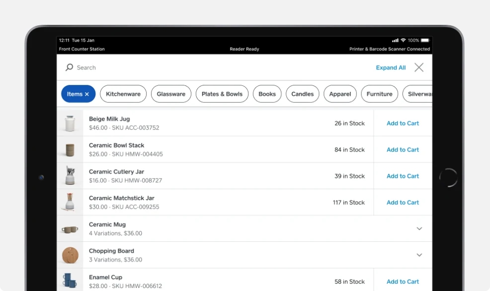Square retail app product search
