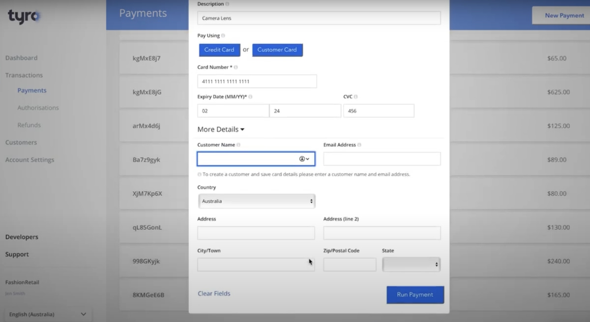 Tyro MOTO payment dashboard