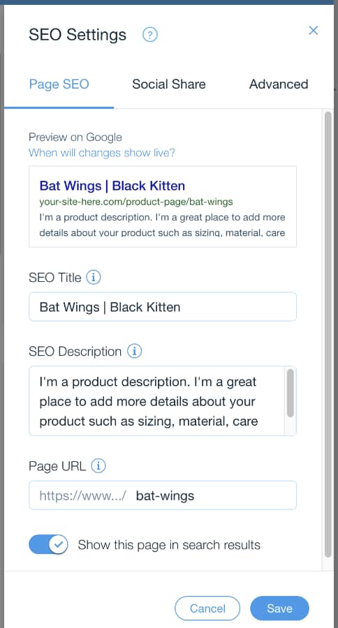 Wix eCommerce SEO settings Wix online store SEO