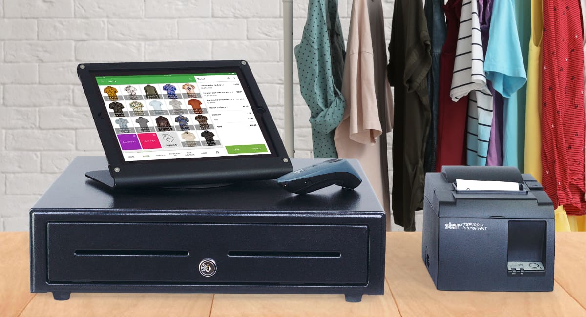 Loyverse app on iPad above cash drawer