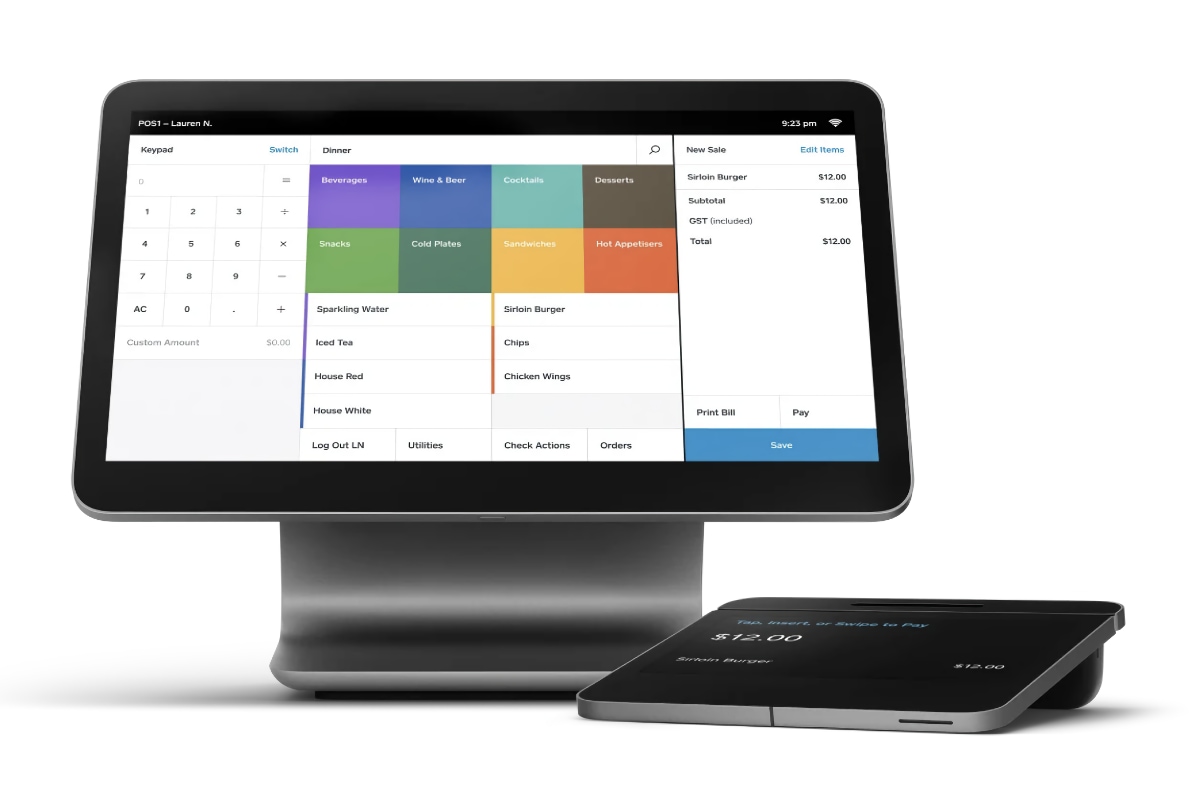 Square Register with Restaurants POS software Square Register hardware with Restaurant POS software visible on touchscreen