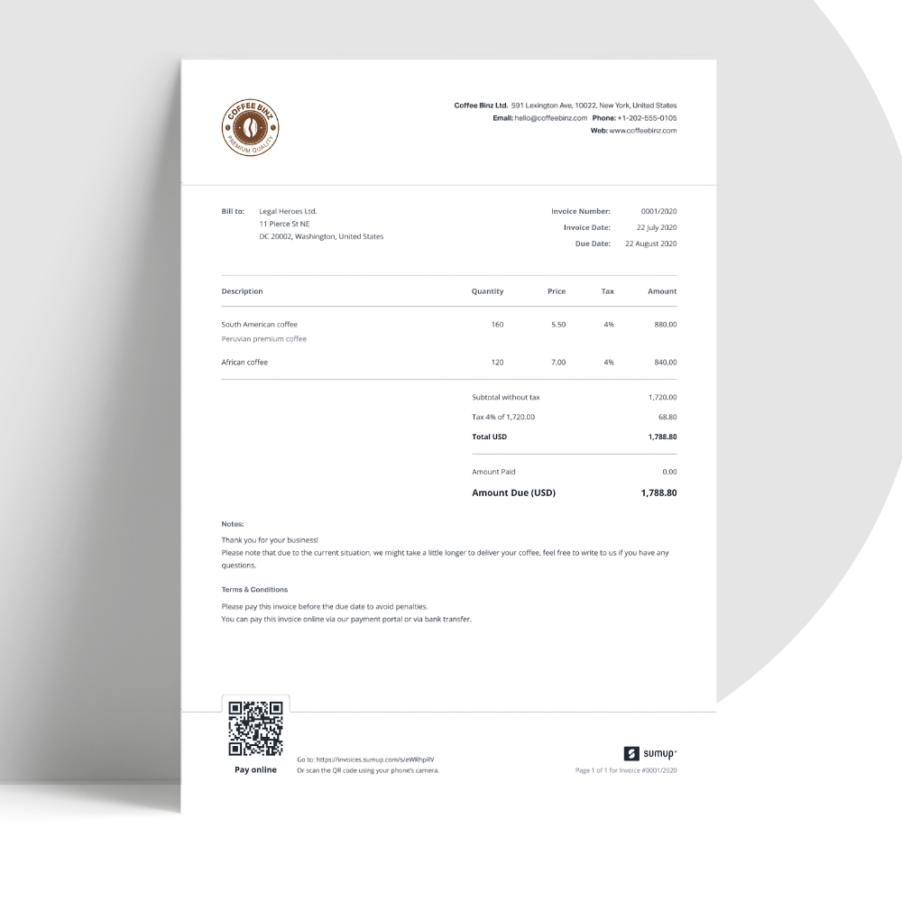 SumUp Invoice example A printed SumUp invoice with QR code