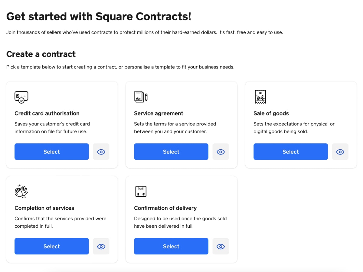 Square Contracts – template options Square Contracts templates