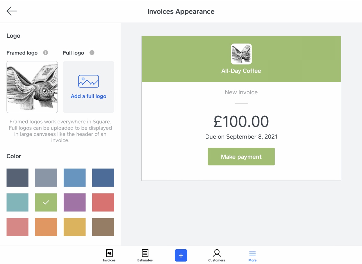 Square Invoices – appearance settings Square Invoice appearance settings