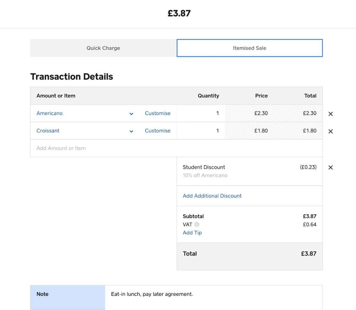 Square Virtual Terminal – Itemised Sale page