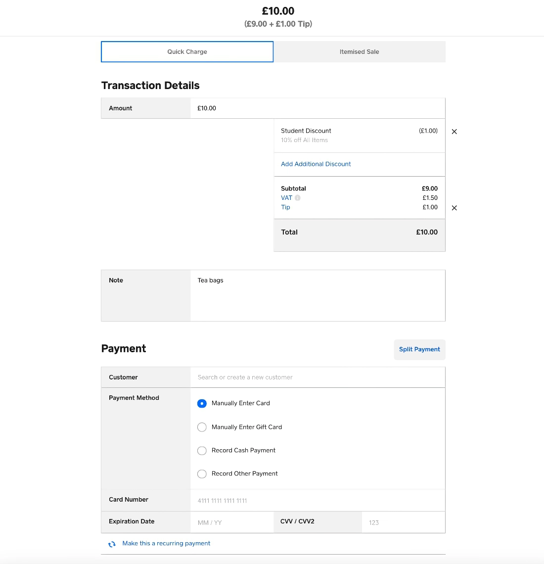 Square Virtual Terminal Quick Charge page Square Virtual Terminal Quick Charge page