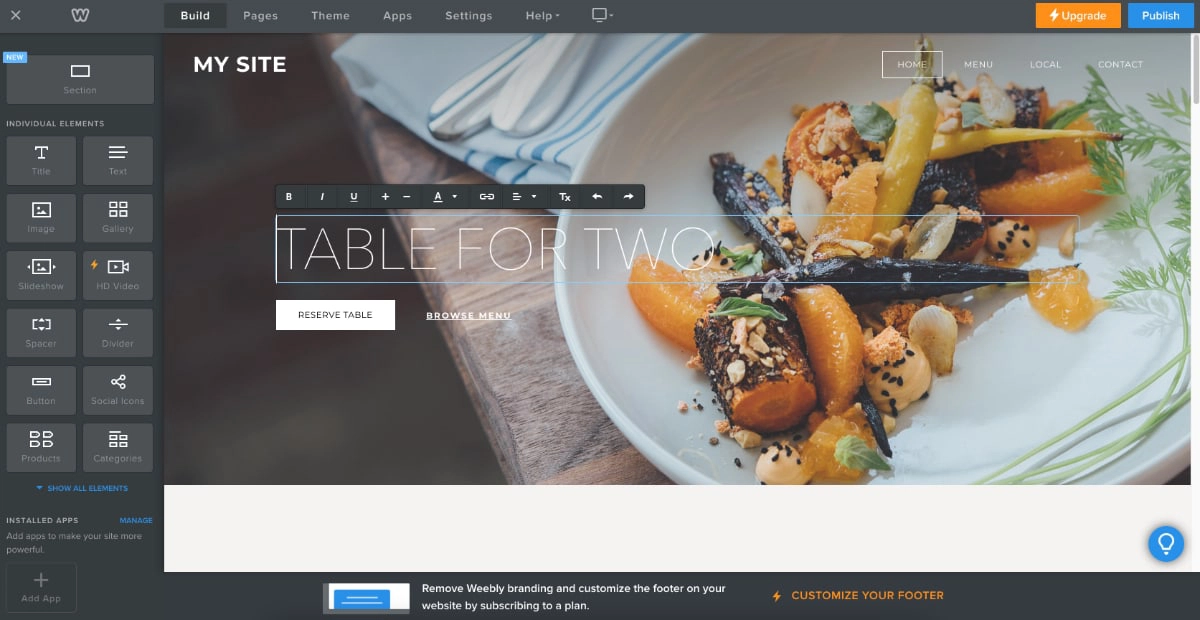 Weebly editor in September 2021 Weebly editor restaurant example