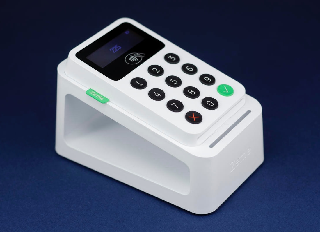 The PayPal Zettle card reader can be placed in a charging stand PayPal Zettle card reader in charging dock
