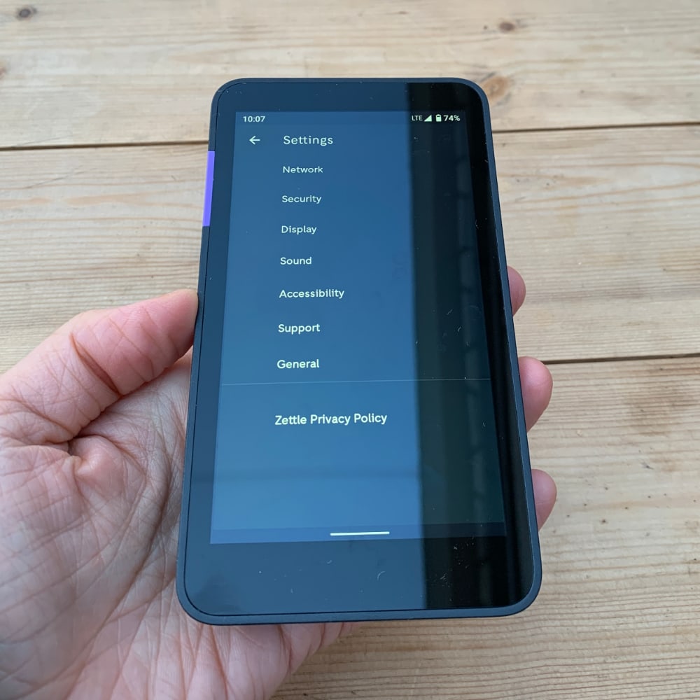 Zettle Terminal settings menu