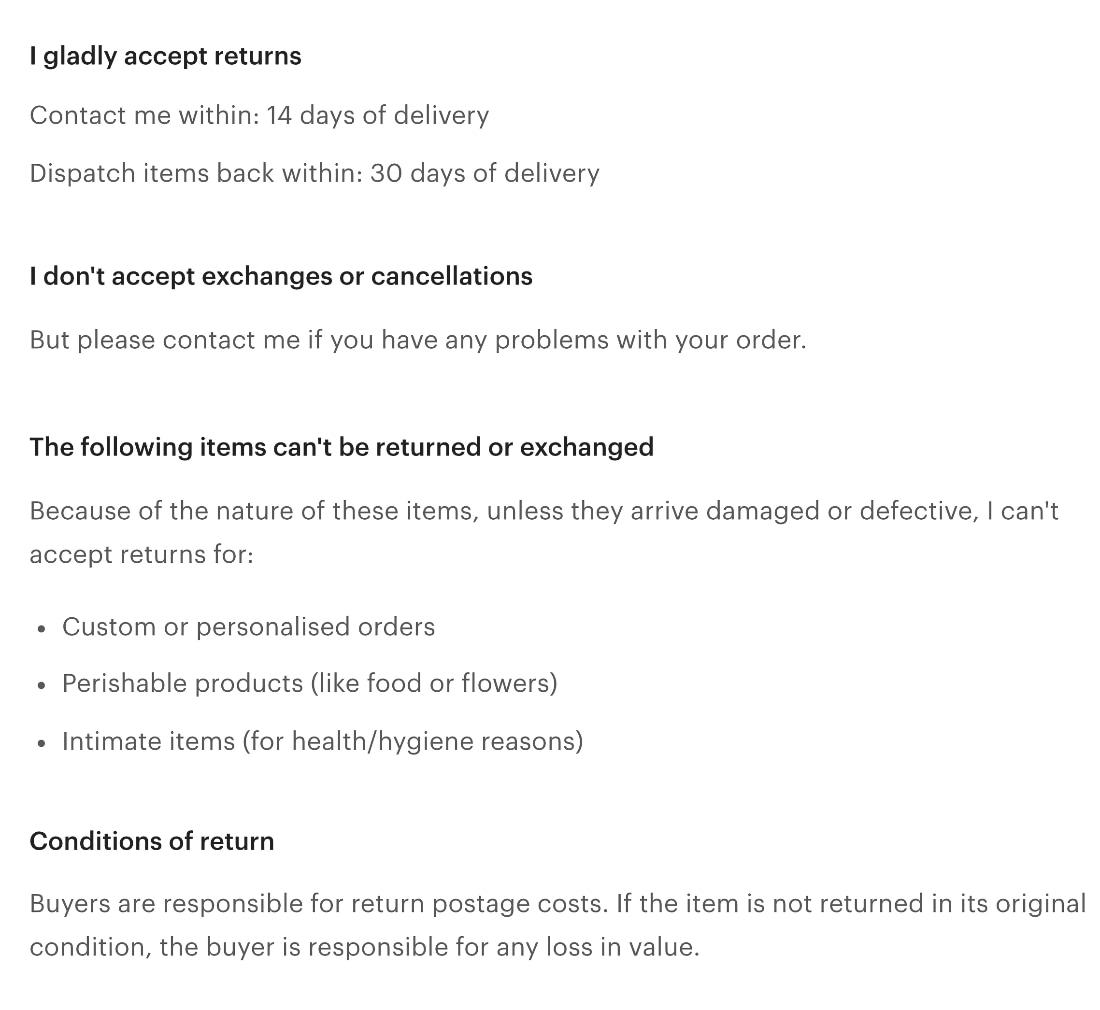 Etsy shop terms example Etsy shop terms example