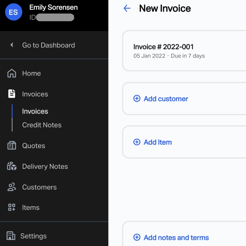 SumUp invoice management SumUp invoicing menu in Dashboard