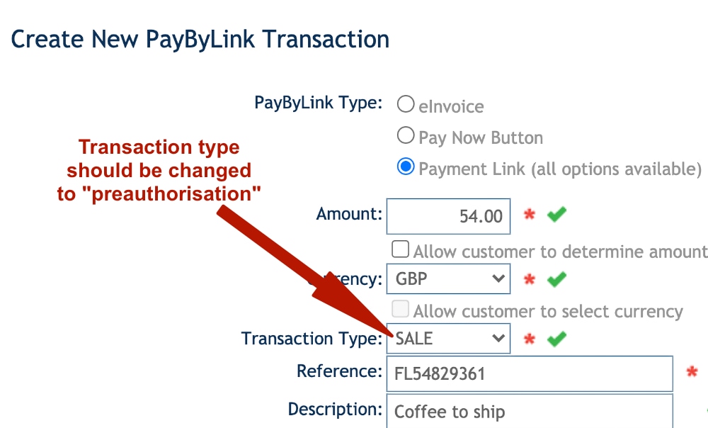 Takepayments preauth link creation