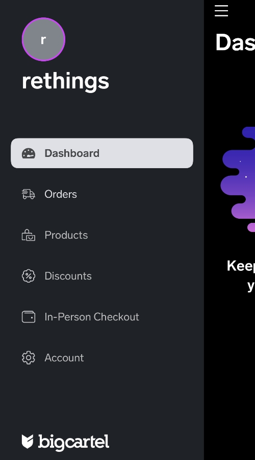 Big Cartel app side menu