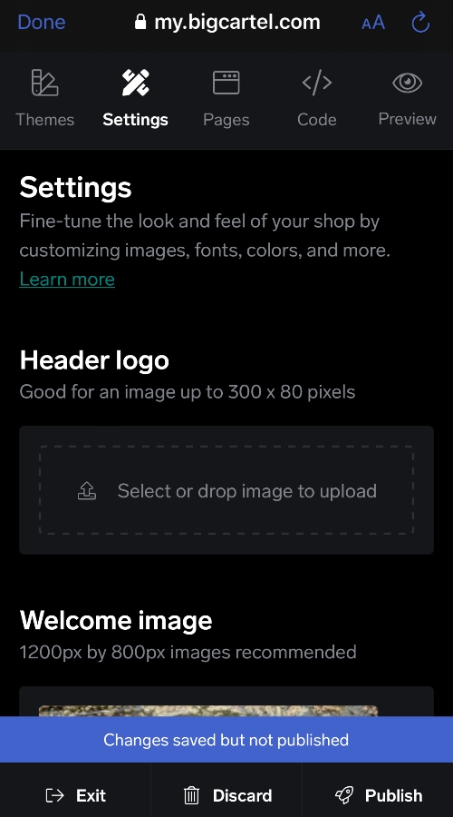 Big Cartel app website editor