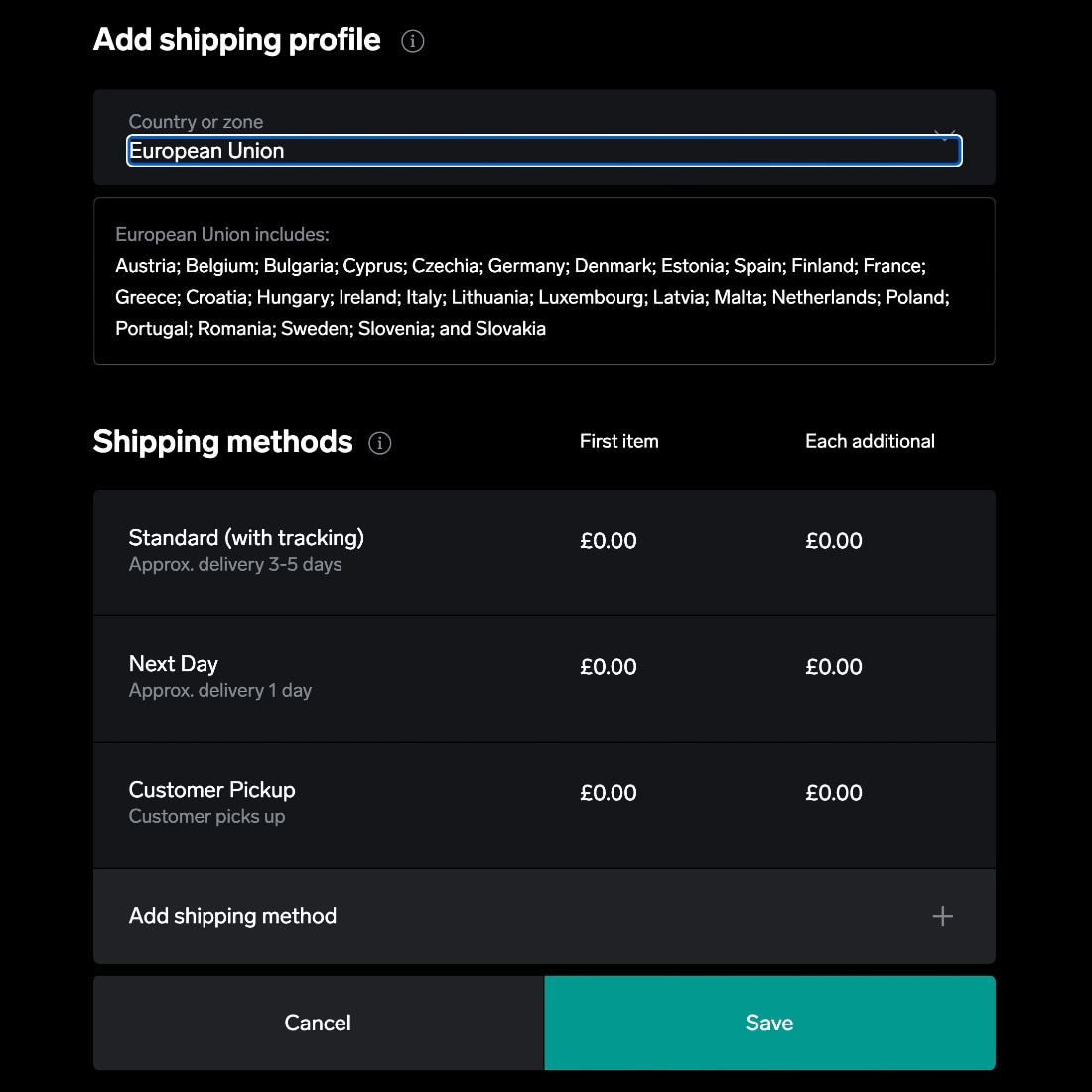 Big Cartel shipping profile editing options