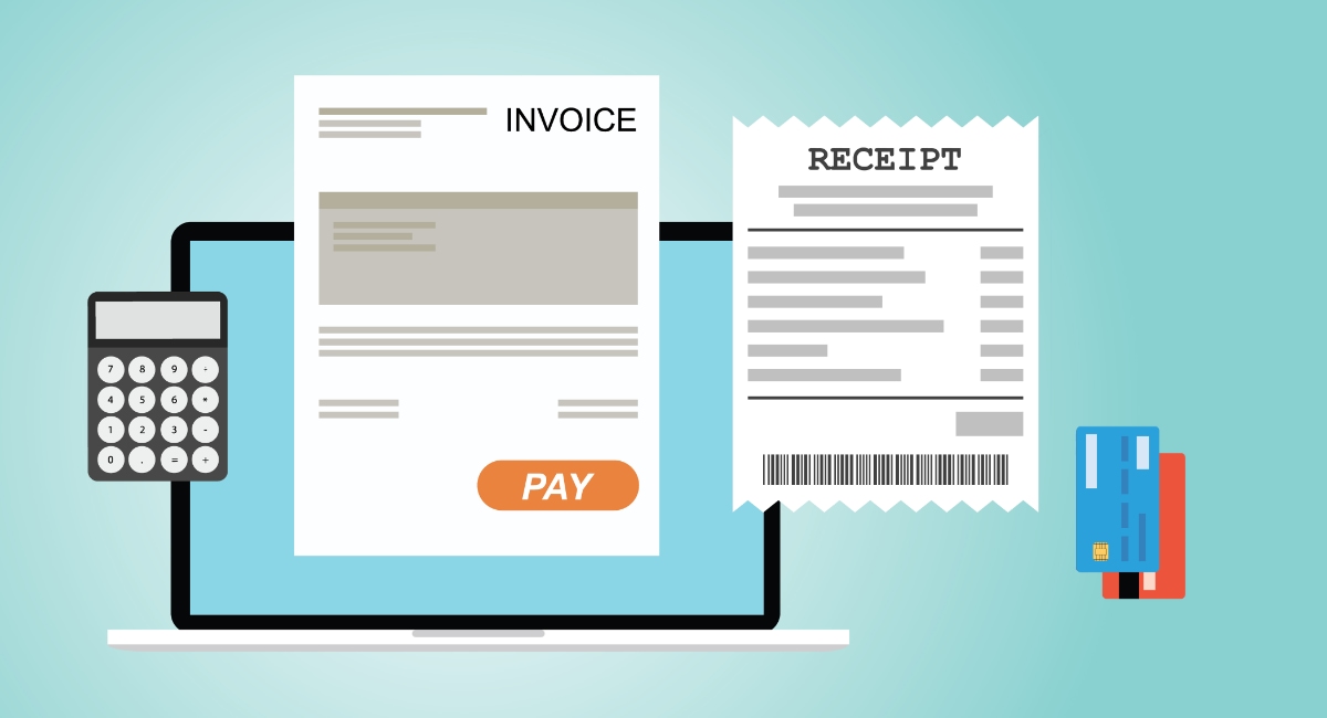 invoice, receipt, calculator, laptop and payment cards