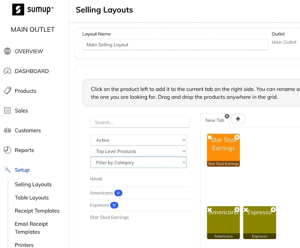 Setting up the product layout for the till in Backoffice SumUp back office product layout settings