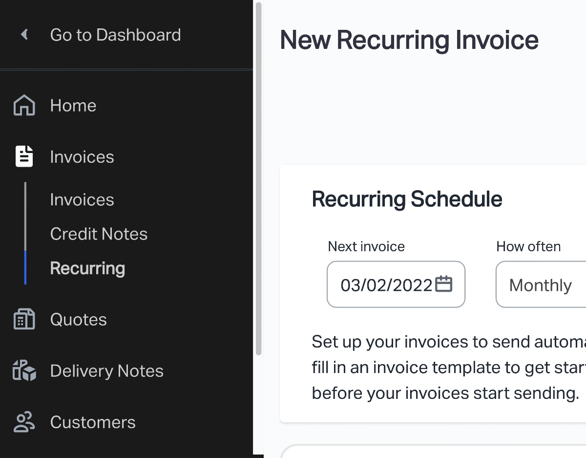 side menu in SumUp Invoices Dashboard