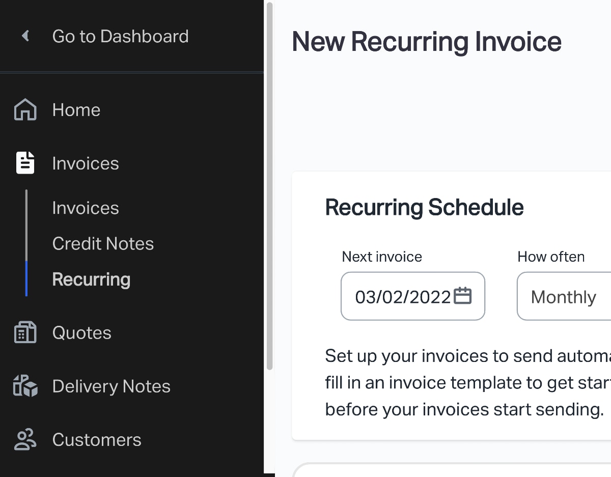 SumUp Dashboard – Invoices side menu side menu in SumUp Invoices Dashboard