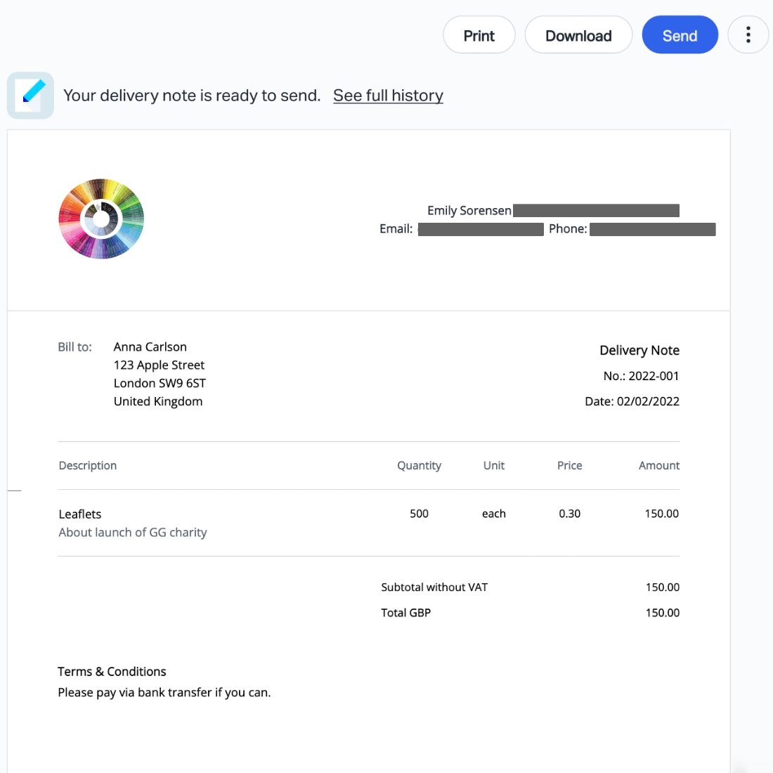 SumUp delivery note example SumUp delivery note example