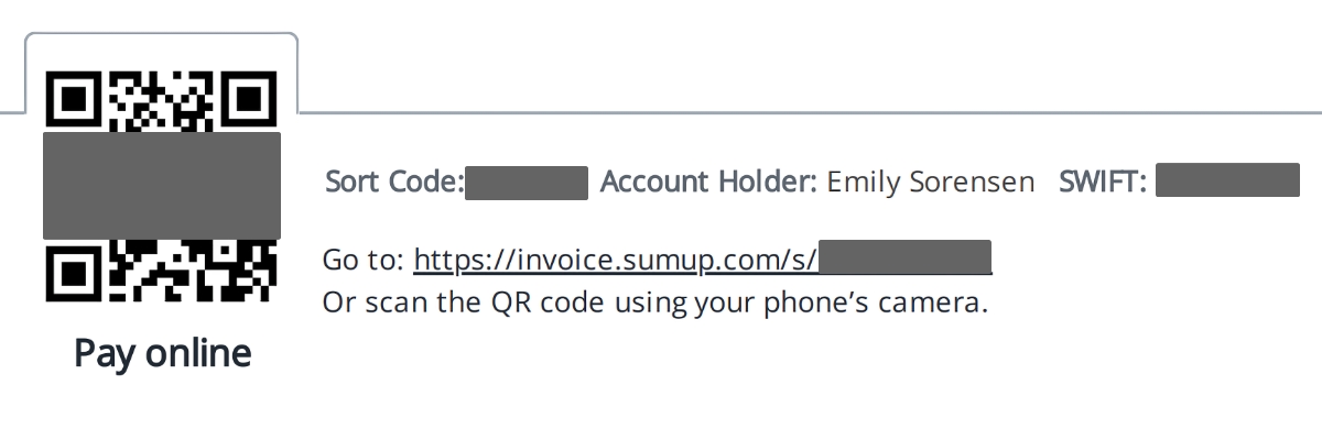 SumUp displays a payment link and bank transfer details at the bottom of each invoice SumUp invoice payment details
