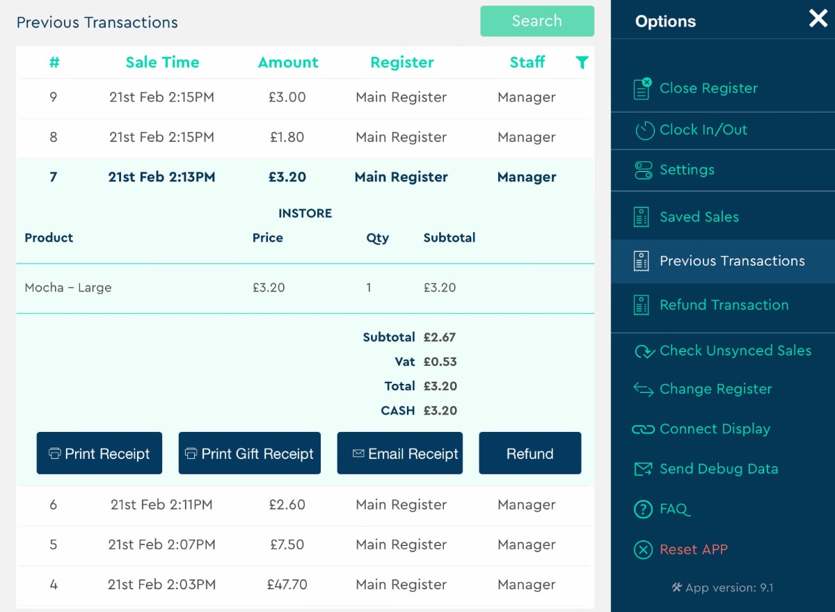 Past transactions can be accessed in the app past transactions menu in SumUp POS app