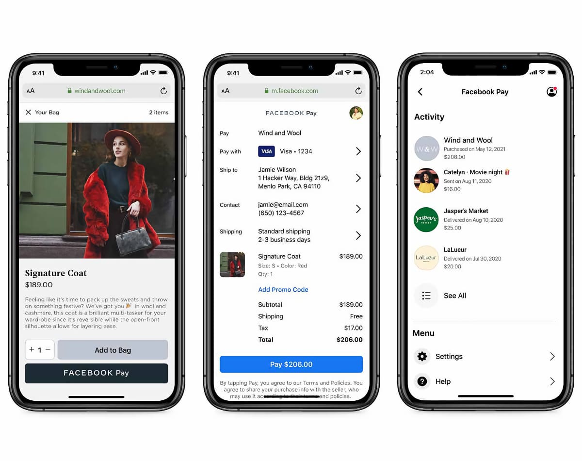 Facebook Pay is a mobile wallet that works in Meta’s apps and Shopify Facebook Pay on mobile screens