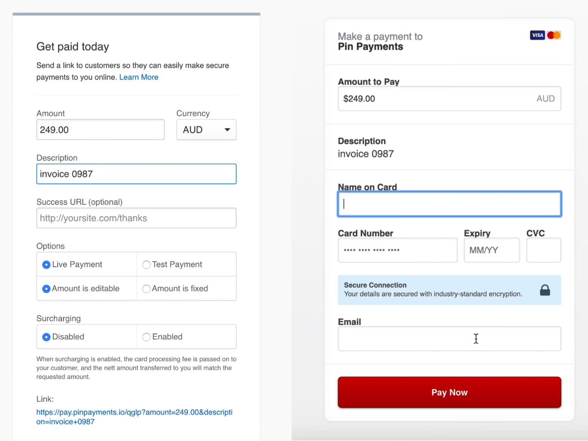 Pin Payments create payment link example