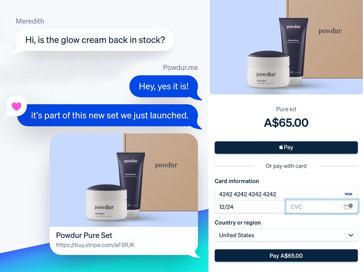 Stripe Payment Link example in Australia Stripe payment link sent via customer chat