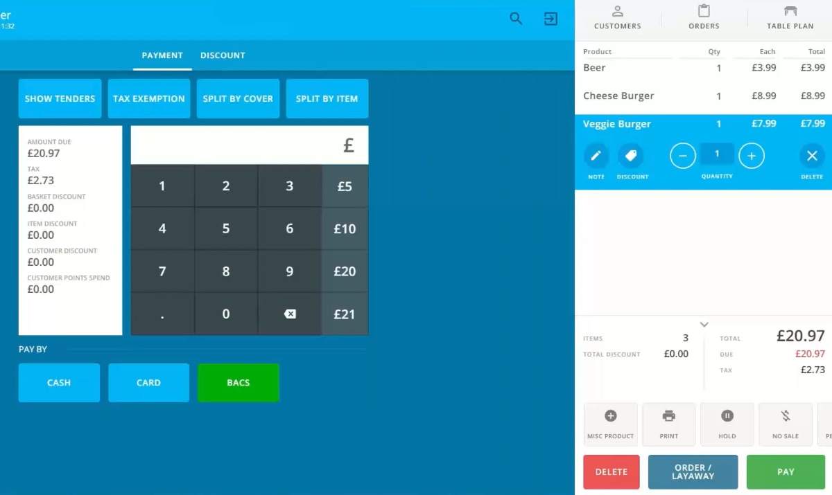 Epos Now’s till screen is not very crowded Epos Now Hospitality till screen