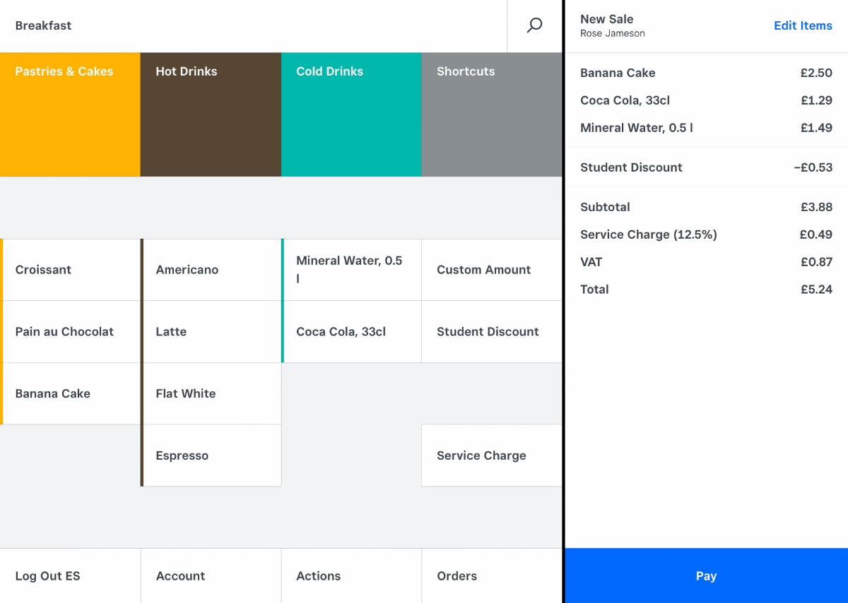 Square for Restaurants example: a simple register screen