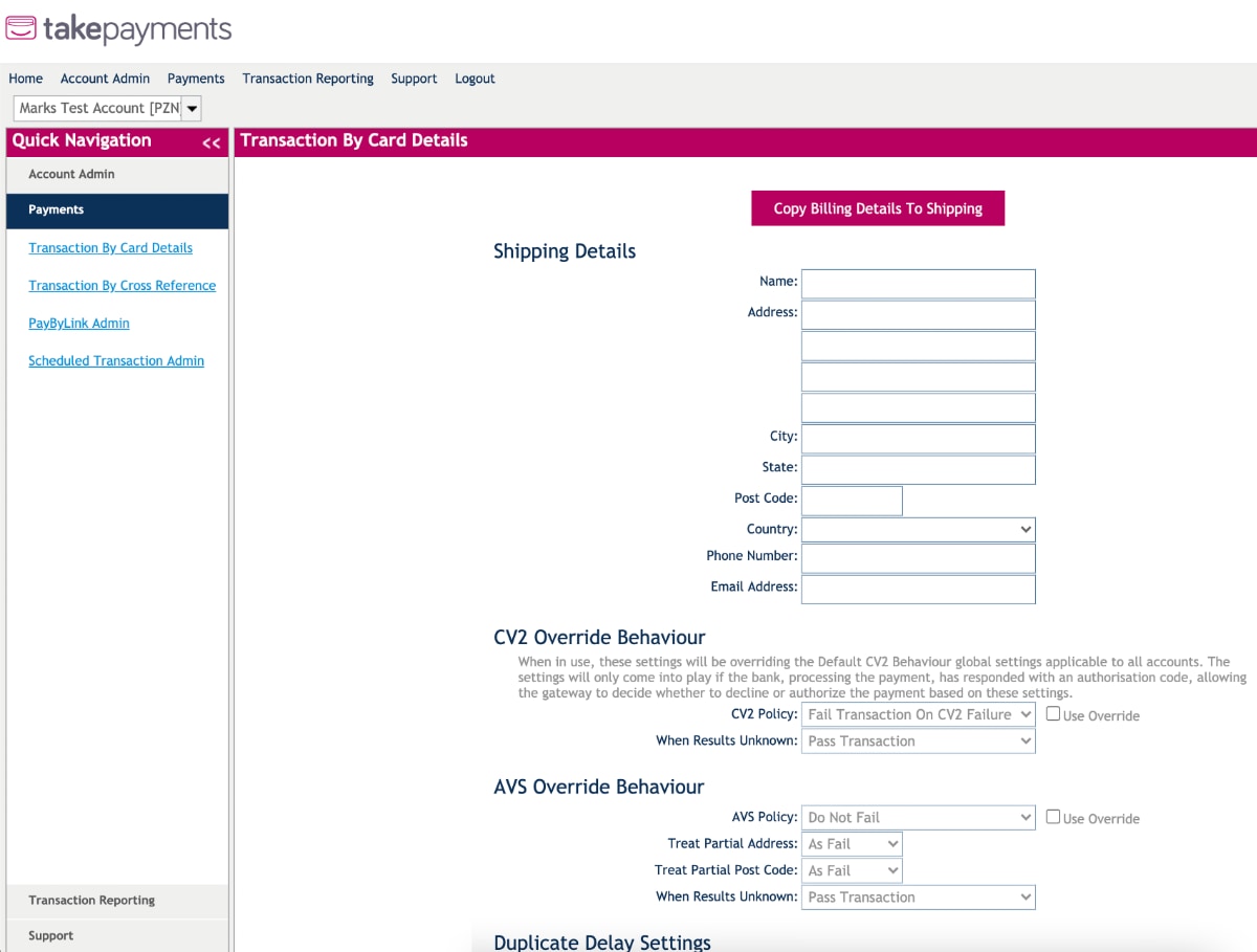 Takepayments Virtual Terminal – shipping fields and security settings Takepayments Virtual Terminal information fields