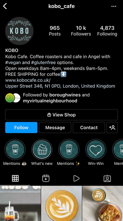 Example of a complete cafe page on Instagram cafe page on Instagram