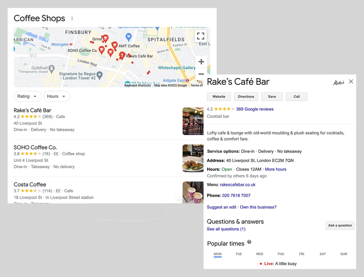 Cafes should get a Google Business Profile to be found via Google Google Business Profile example