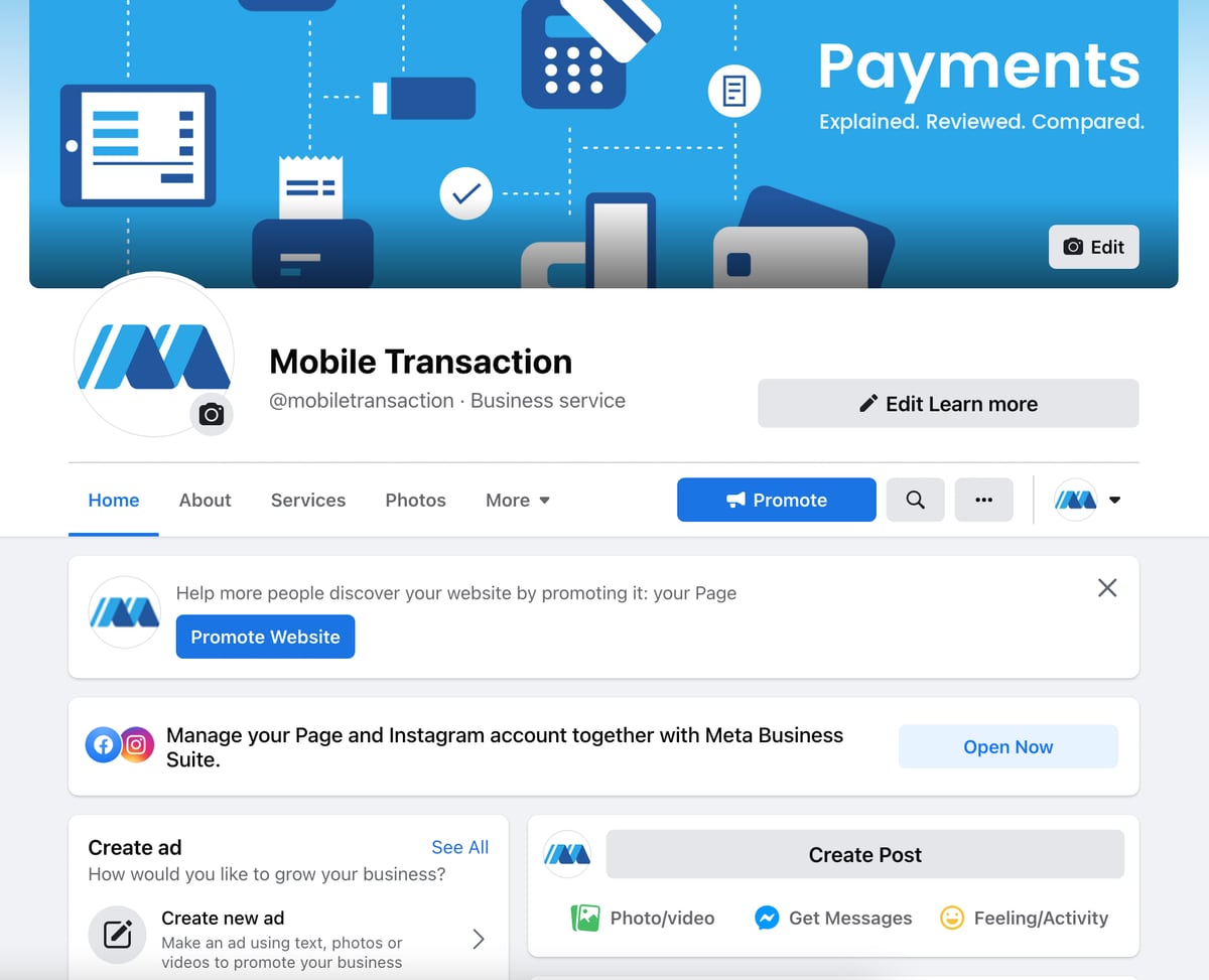 The edit mode of Mobile Transaction’s Facebook Page Mobile Transaction Facebook Page, edit mode