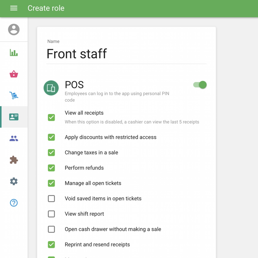 Loyverse staff settings are set in the dashboard create staff screen in Loyverse