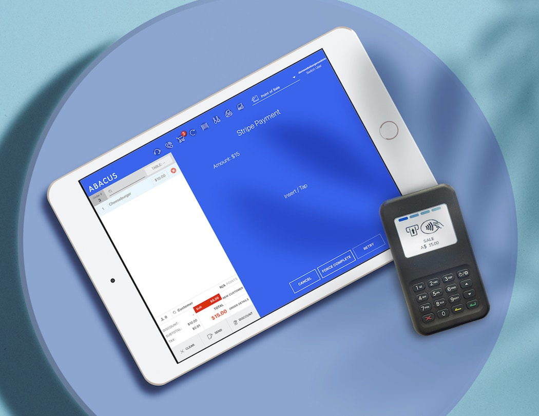 Stripe Terminal integrated with Abacus POS app Abacus POS iPad with Stripe reader