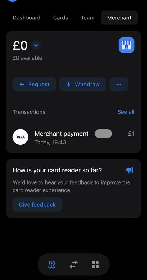 Revolut Merchant Account options in app