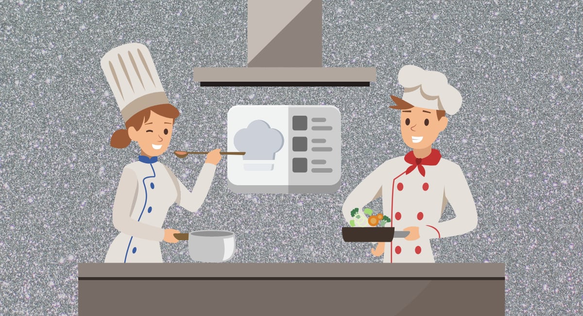 Kitchen display system in kitchen with chefs