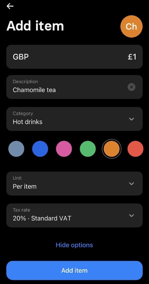 These are the product details you can add per item in the Revolut Business app