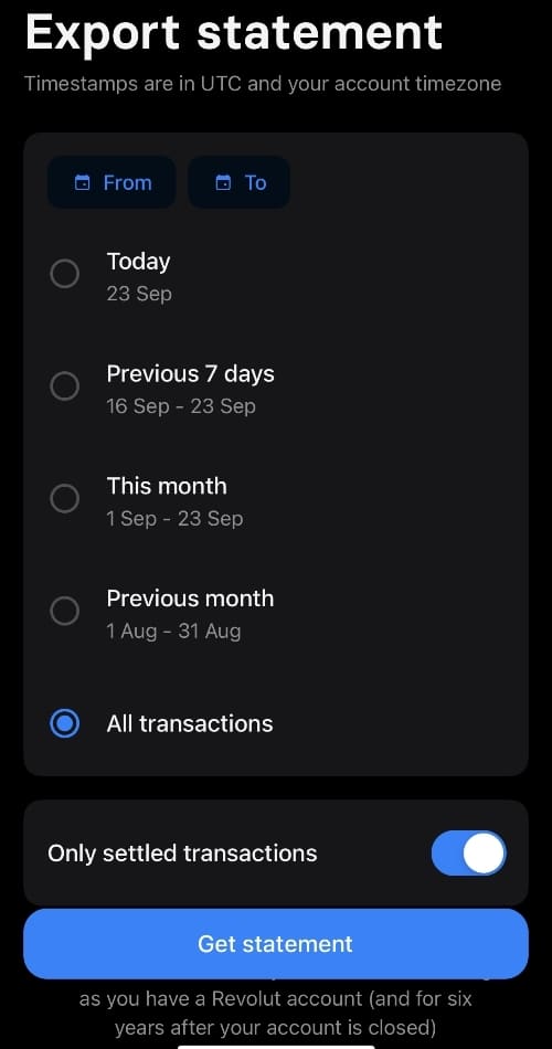 The Revolut Business app allows you to export transactions Revolut Business app export statement screen