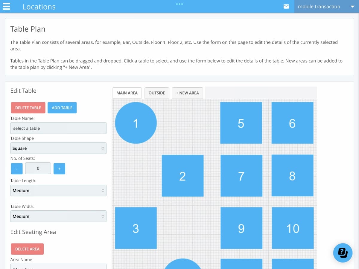 The Epos Now table plan can be edited from the POS app Epos Now table plan