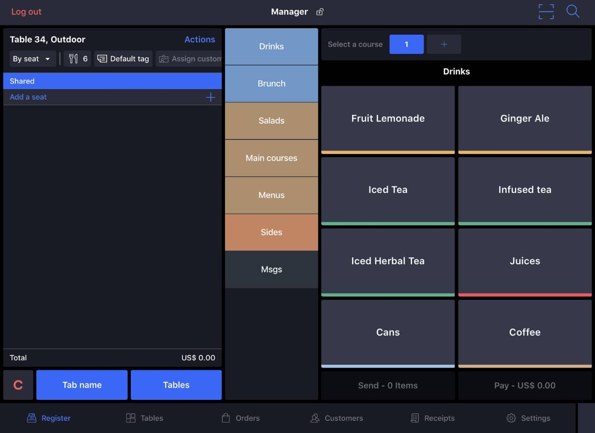 Lightspeed Restaurant interface on iPad Lightspeed Restaurant till screen