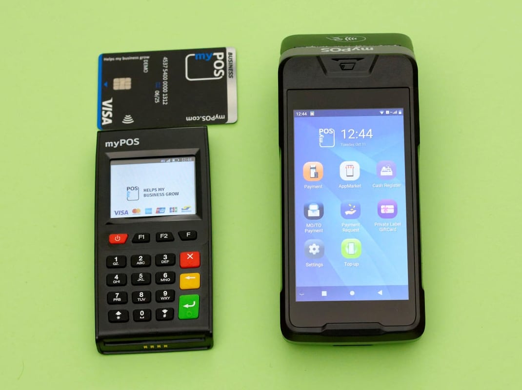 myPOS Go next to Carbon and myPOS Visa Card myPOS card machines with business card
