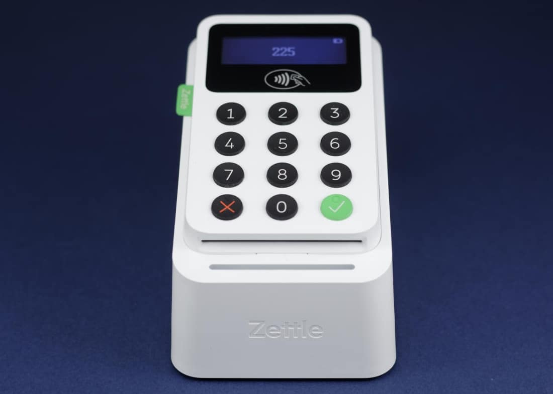 Zettle Reader can be purchased with a charging dock Zettle Reader on Dock, front-facing