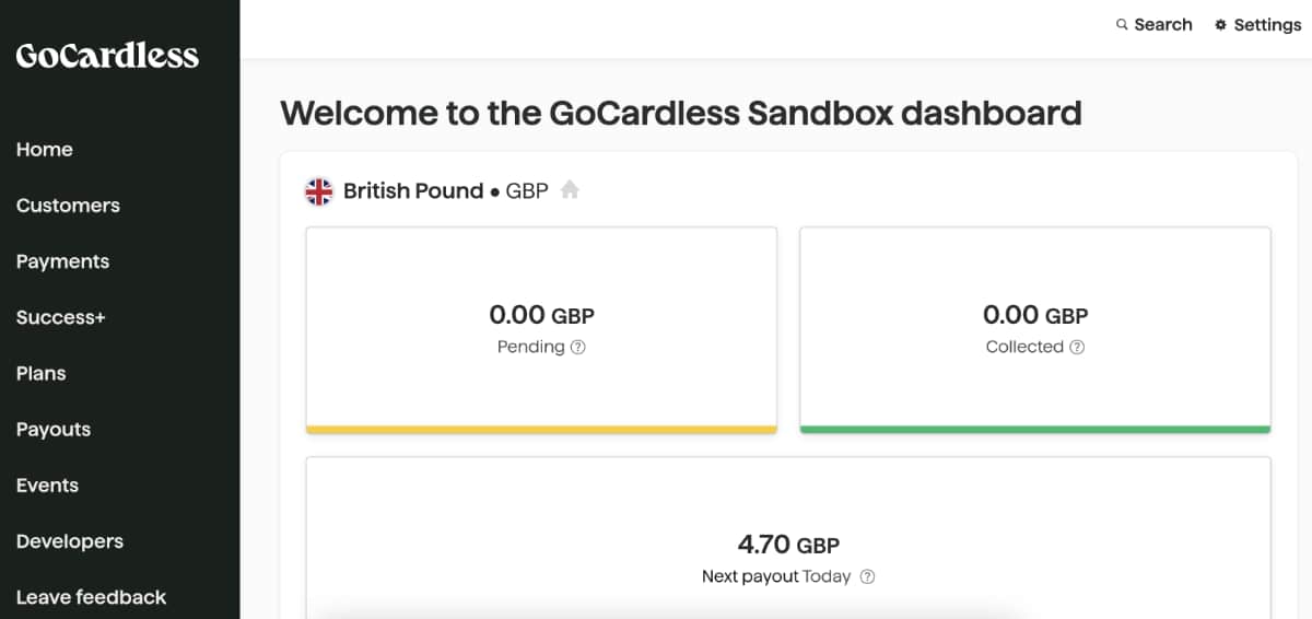 GoCardless – example of a dashboard in a web browser GoCardless dashboard