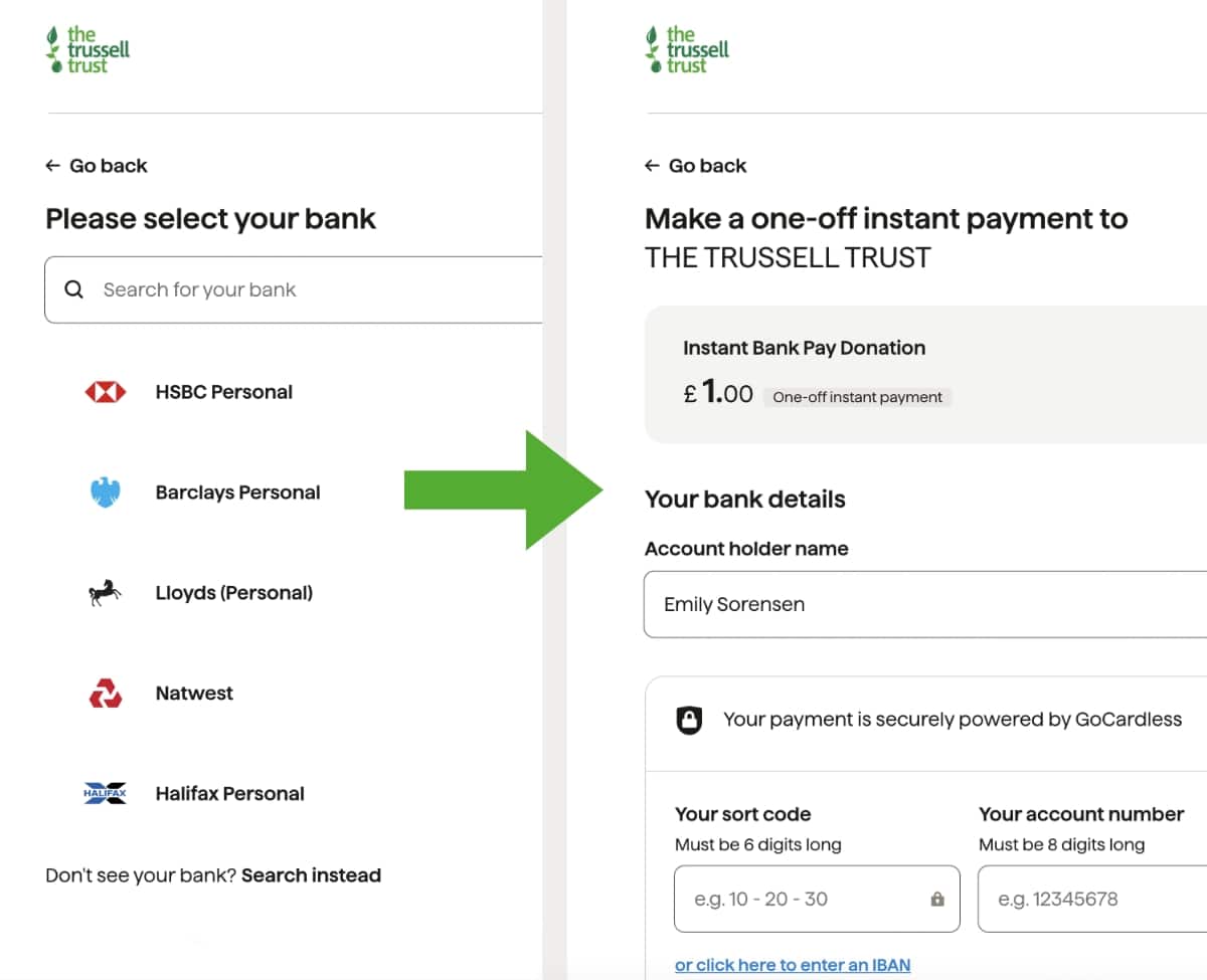 GoCardless one-off bank payment GoCardless bank payment flow screens
