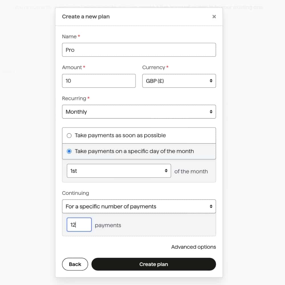GoCardless subscription creation GoCardless subscription pop-up